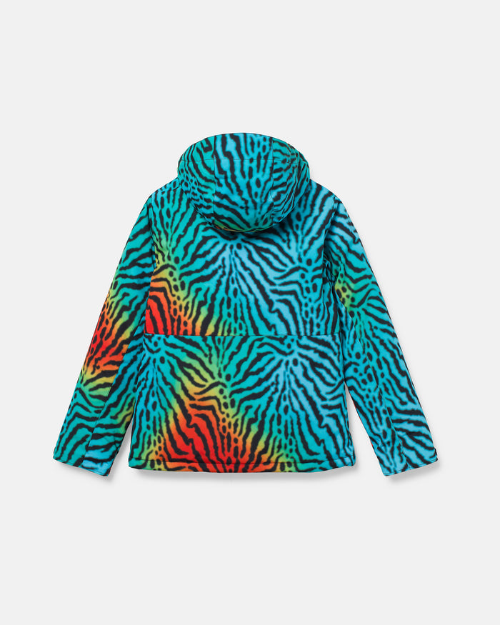 The Volcom Women’s Bolt Insulated Jacket is a hooded, recycled-warmth outerwear piece showcasing a bold, multicolored zebra stripe pattern in blue, green, red, orange, and yellow. Displayed from the back against a plain white background.
