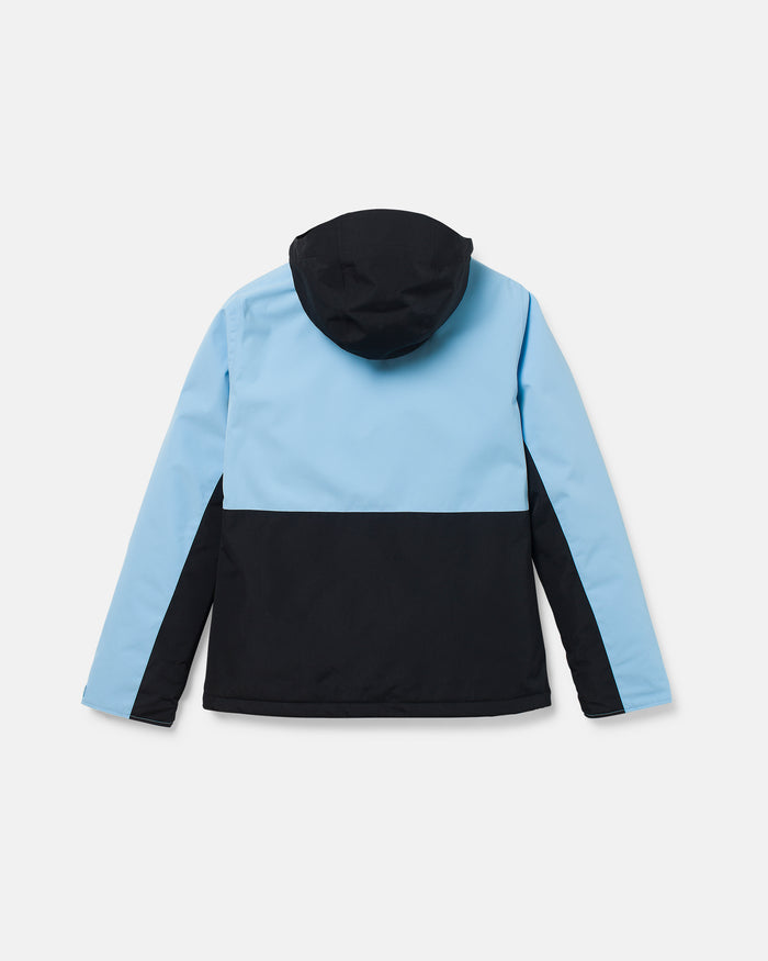 The Volcom Women’s Bolt Insulated Jacket is a two-tone hooded jacket designed for recycled warmth and comfort on colder days, featuring light blue on the top and sleeves and black on the lower half. Shown laid flat with the back facing up.