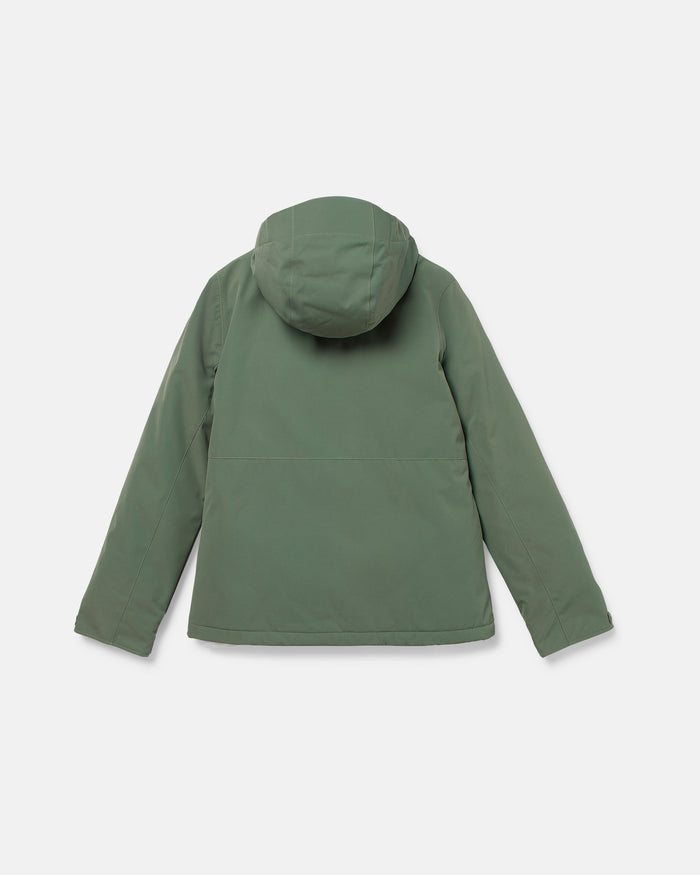 A Volcom Women’s Bolt Insulated Jacket in green is displayed laid flat on a white background, shown from the back with long sleeves and clean, simple lines. Crafted with V-Science 2-Layer technology for recycled warmth, this hooded jacket takes inspiration from the Women’s Bolt Ins Jacket.