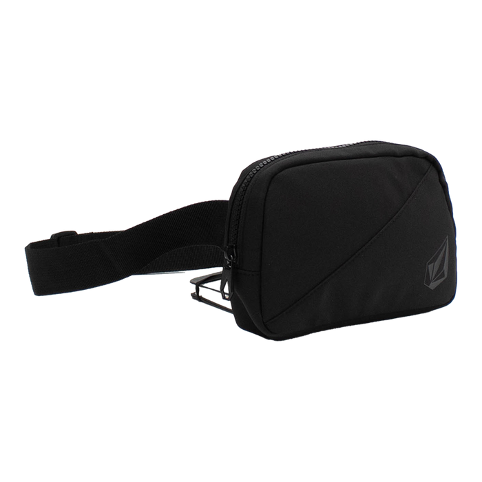 The Volcom Women's Carryall Waist Bag in black features a zipper closure, an adjustable strap, and a subtle logo on the front right side. Displayed against a plain white background, this lightweight bag offers both practicality and style for carrying your everyday essentials.