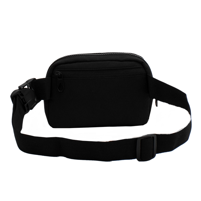 The Volcom Women's Carryall is a sleek black waist bag featuring a zipper pocket and an adjustable strap, ideal for travel, shown against a plain white background.