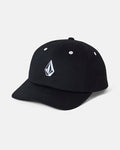The Volcom Women's Chiller Snap Back is a black cotton hat featuring a curved brim and a white geometric logo on the front, designed in a classic women's snapback style and shown against a plain white background.