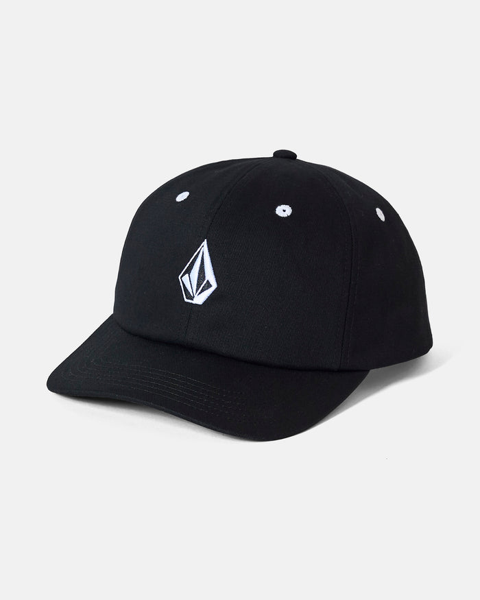 The Volcom Women's Chiller Snap Back is a black cotton hat featuring a curved brim and a white geometric logo on the front, designed in a classic women's snapback style and shown against a plain white background.