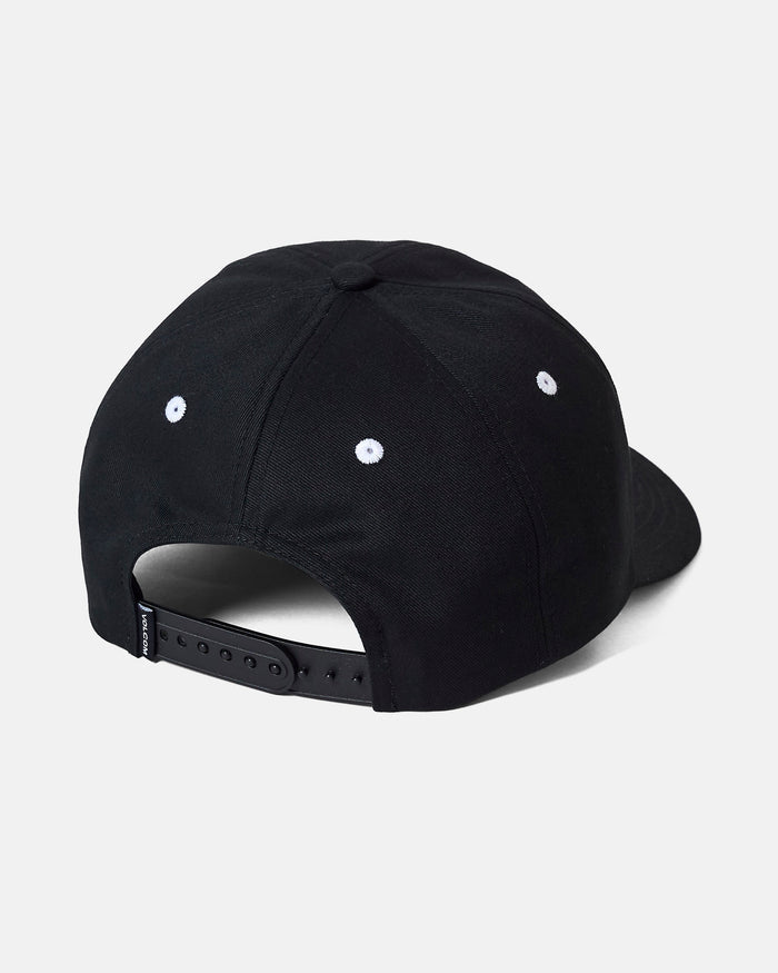 The Volcom Women's Chiller Snap Back hat is displayed from the back, highlighting its black cotton construction, snapback closure, and white embroidered eyelets on the top and sides. This versatile snapback makes a stylish addition to any women’s hat collection.