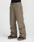 A person wearing Volcom Women’s Coldfront Insulated Baggy Pants in olive green, featuring zippered pockets, paired with black winter boots and standing against a plain white background. The baggy style of the pants offers added comfort and warmth, with only the lower half of the body shown.