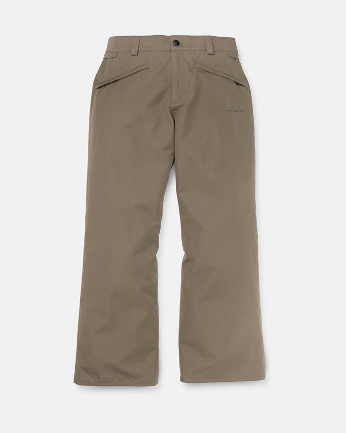 The Volcom Women’s Coldfront Insulated Baggy Pants in khaki feature a straight-leg silhouette, belt loops, two diagonal front pockets, and a button closure at the waist, shown against a white background.