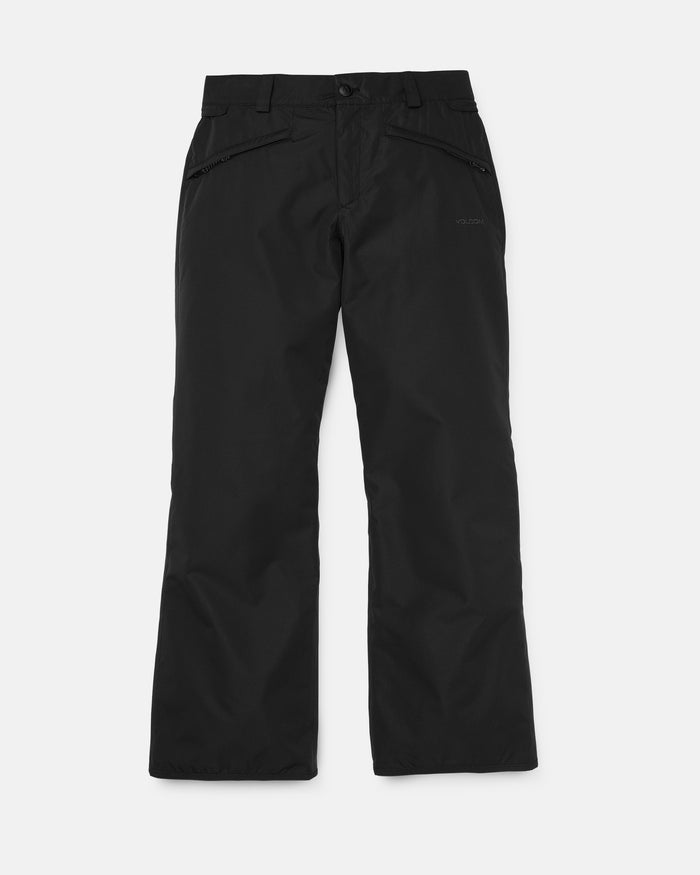 The Volcom Women’s Coldfront Insulated Baggy Pants are black, straight-leg snow pants featuring front zippered pockets, belt loops, and a button closure. Crafted with V-Science 2-Layer fabric and recycled insulation for extra warmth, they are displayed on a white background.