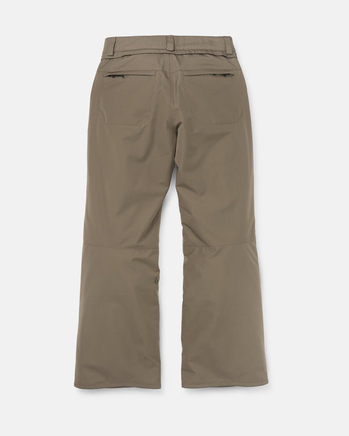 Back view of the Volcom Women’s Coldfront Insulated Baggy Pants in khaki, featuring two zippered pockets and belt loops, displayed against a white background.