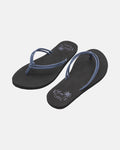 The Volcom Women's Forever And Ever II flip-flops feature black soles with thin blue straps and decorative writing plus palm tree graphics on the insoles, shown against a plain white background.