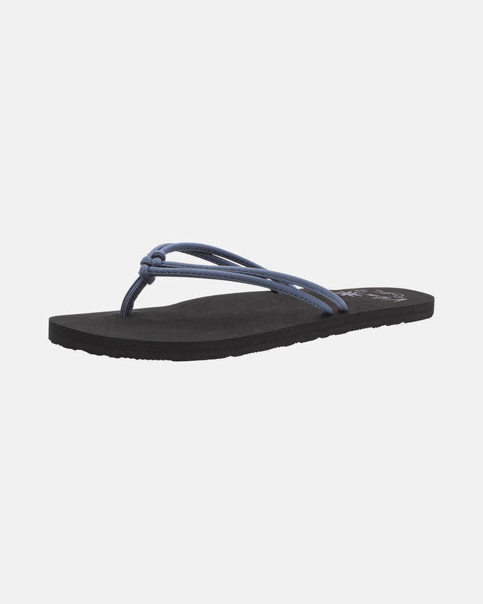The Volcom Women's Forever And Ever II sandal is a single black flip-flop with thin blue double straps and a flat sole, shown against a plain white background.