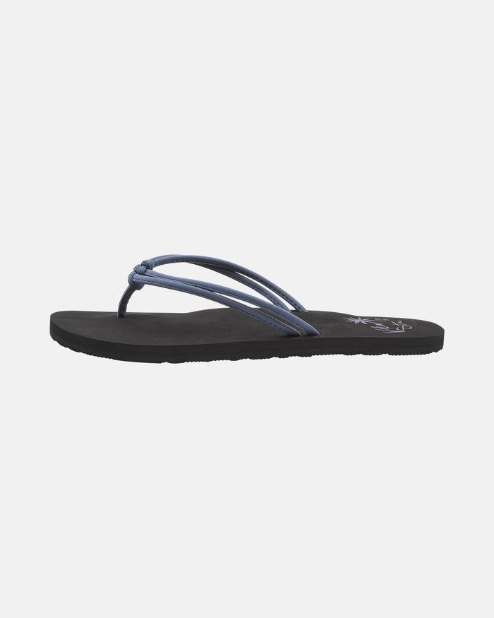 The Volcom Women's Forever And Ever II is a minimalist black flip-flop sandal featuring thin, dark blue double straps forming a loop over the foot, shown against a plain white background.