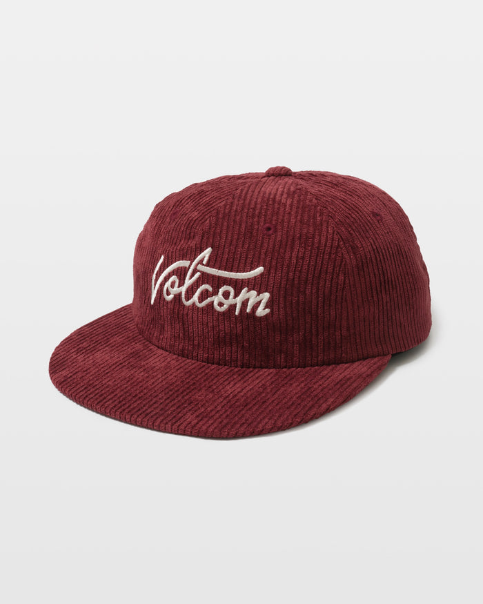 The Women's Full Stone Dad Hat by Volcom is a maroon corduroy cap with a flat brim and white script embroidery on the front, styled like a classic dad hat and shown against a plain white background.