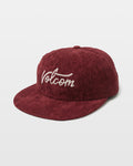 The Women's Full Stone Dad Hat by Volcom is a maroon corduroy cap with a flat brim and white script embroidery on the front, styled like a classic dad hat and shown against a plain white background.