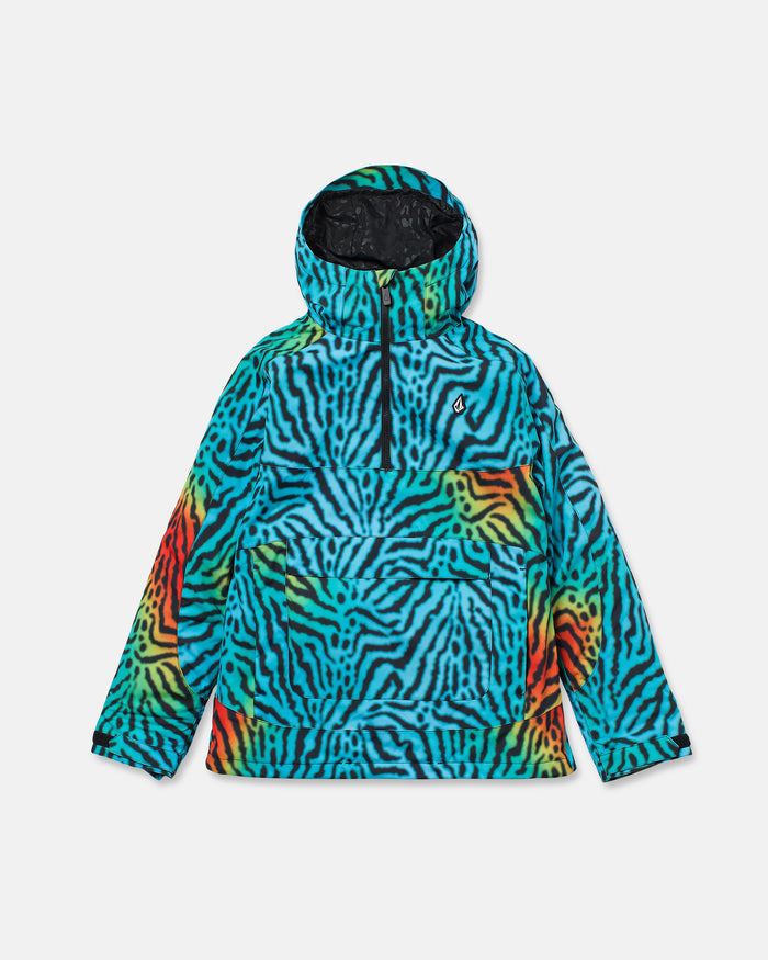 The Women’s Harlan Pullover by Volcom is a hooded jacket featuring a vibrant, multicolored zebra stripe pattern in blue, black, orange, and green. Crafted from V-Science 2-Layer fabric with eco-friendly PFAS-free DWR for water resistance, it is displayed on a white background.