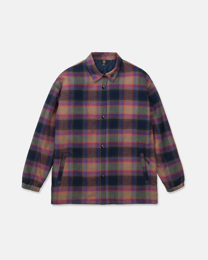 The Women’s Insulated Riding Flannel Jacket by Volcom features a multicolored plaid pattern in shades of purple, green, pink, and yellow. This long-sleeve button-up jacket is designed with a classic collar, elastic cuffs, cozy taffeta lining for added comfort, recycled insulation for warmth, and two convenient front pockets.