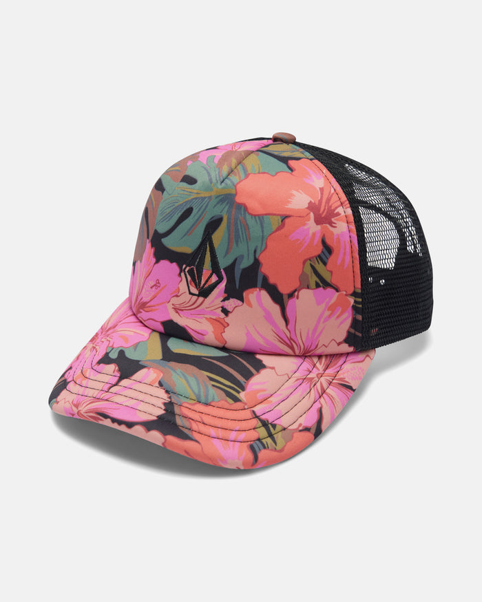 The Volcom Women's Into Paradise Hat features a vibrant pink, orange, and green tropical floral front and bill with a black mesh back—your new sun-chasing essential.
