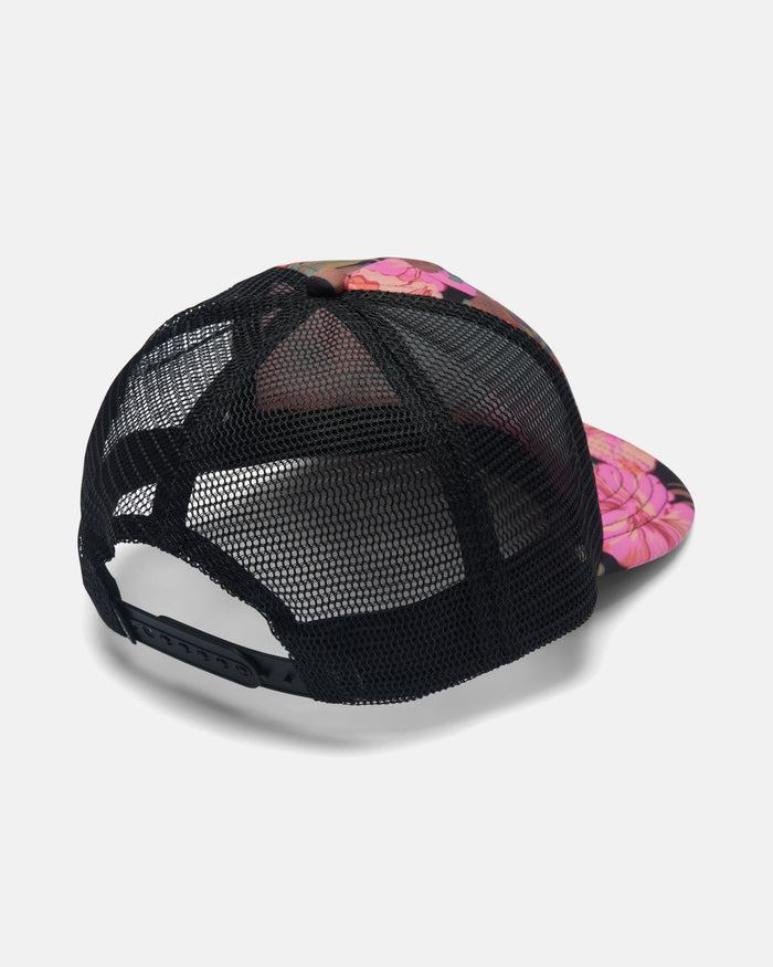 The Volcom Women's Into Paradise Hat is a black mesh trucker with a snapback closure and colorful floral accents on the bill and crown, shown from the back—ideal for relaxed, sunny days.