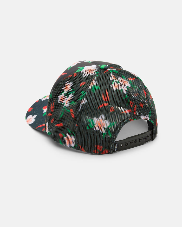 The Volcom Women's Into Paradise Trucker is a mesh hat with a vibrant floral pattern in white, red, and green. It features an adjustable snapback closure and comes against a plain white background—perfect for your accessory collection.