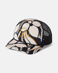 The Volcom Women's Into Paradise Trucker is a beige and black hat for women, featuring abstract patterns, a mesh back for breathability, and a circular front panel logo with stylized lines and a V shape. This fashionable trucker hat blends comfort with bold design for a standout beach look.