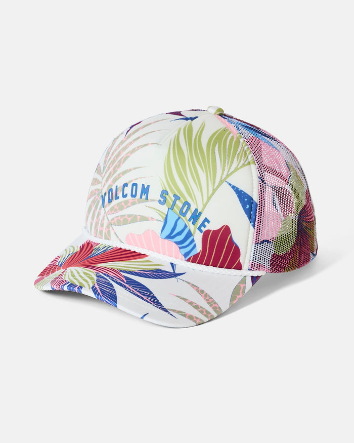 Introducing the Volcom Women's Into Paradise Trucker—a vibrant hat featuring a colorful tropical leaf print and a breathable mesh back for extra sun protection. The front displays "VOLCOM STONE" in bold blue letters, while the adjustable design ensures a comfortable fit.