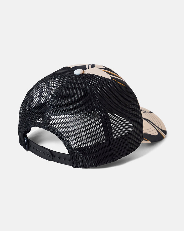 Introducing the Volcom Women's Into Paradise Trucker—a stylish trucker hat featuring a beige and black patterned front panel with a subtle Volcom logo. The back and sides are made from breathable black mesh, and an adjustable snap closure ensures a comfortable fit. Perfect for relaxed outings or as your essential beach accessory.