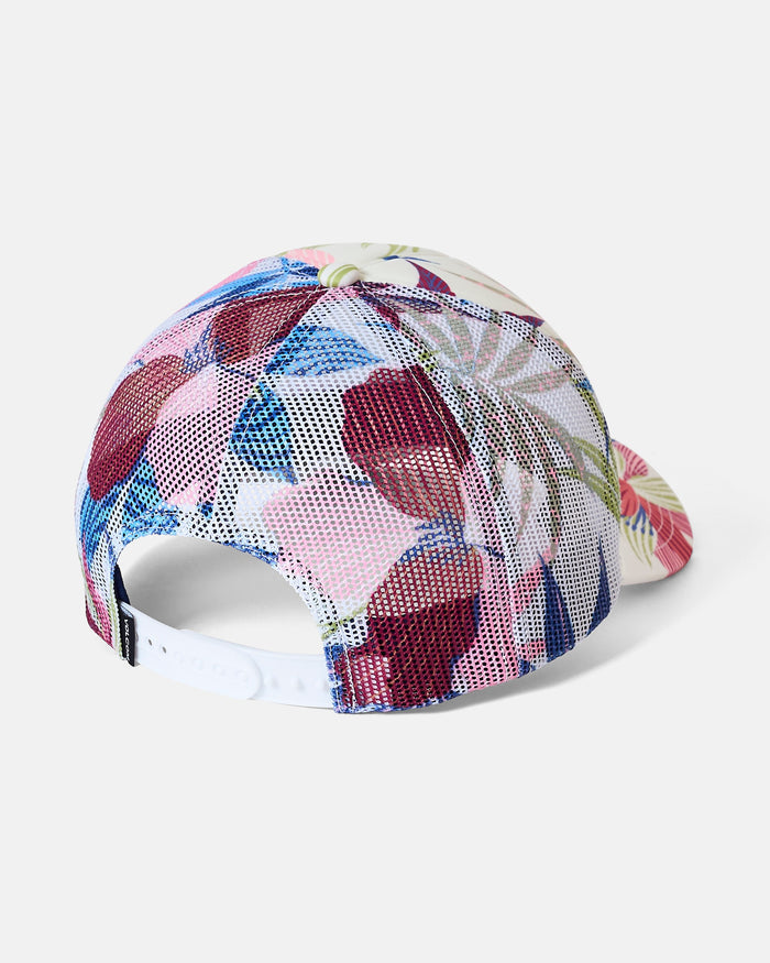 A Volcom Women's Into Paradise Trucker hat, shown from the back on a plain light background, features a vibrant floral mesh-back design and an adjustable white snap closure—offering sun protection with a stylish flair.