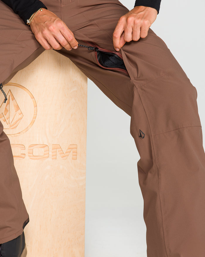 A person seated on a wooden box unzips a vent on the inner thigh of their brown Volcom Women’s Karat Stretch 30K Pants, revealing a black mesh lining inside.