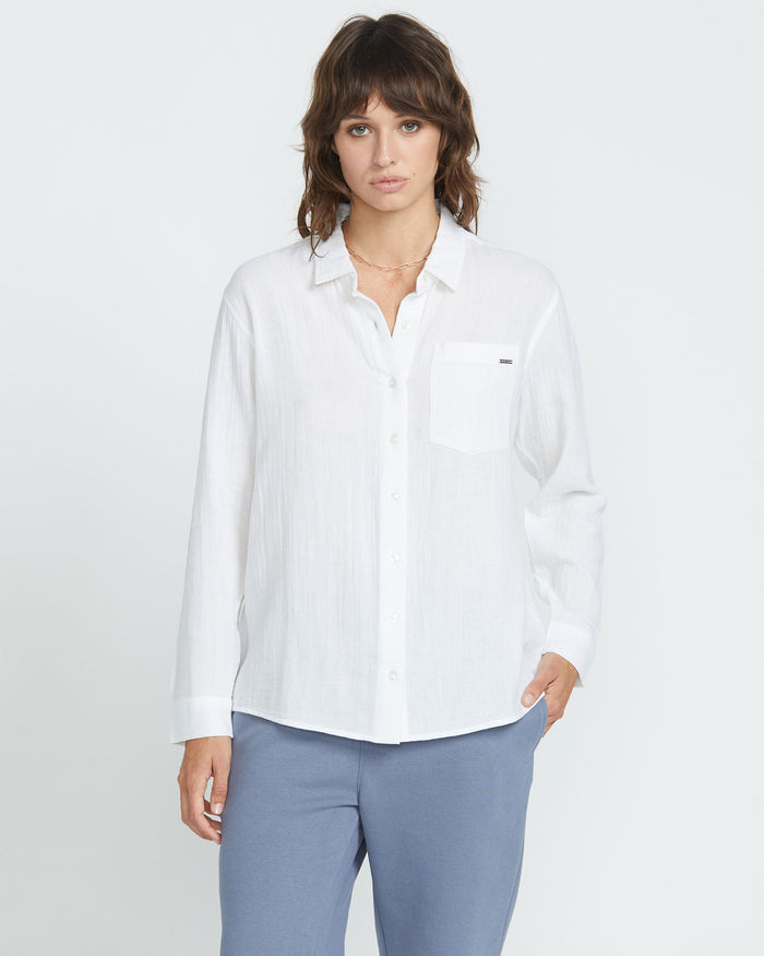 Women's Lil Button Up Long Sleeve Shirt-White-Volcom