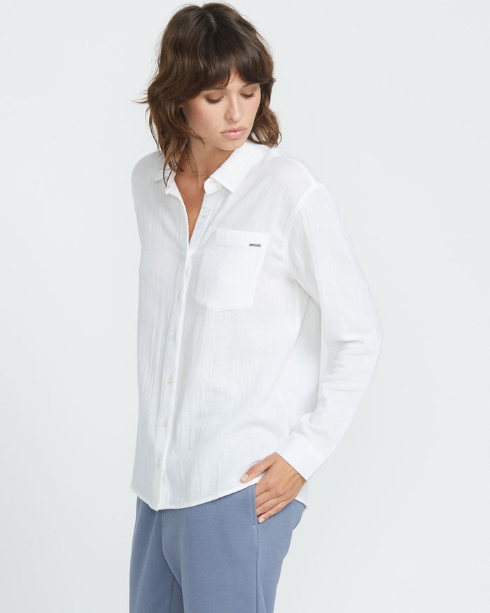 Women's Lil Button Up Long Sleeve Shirt-White-Volcom