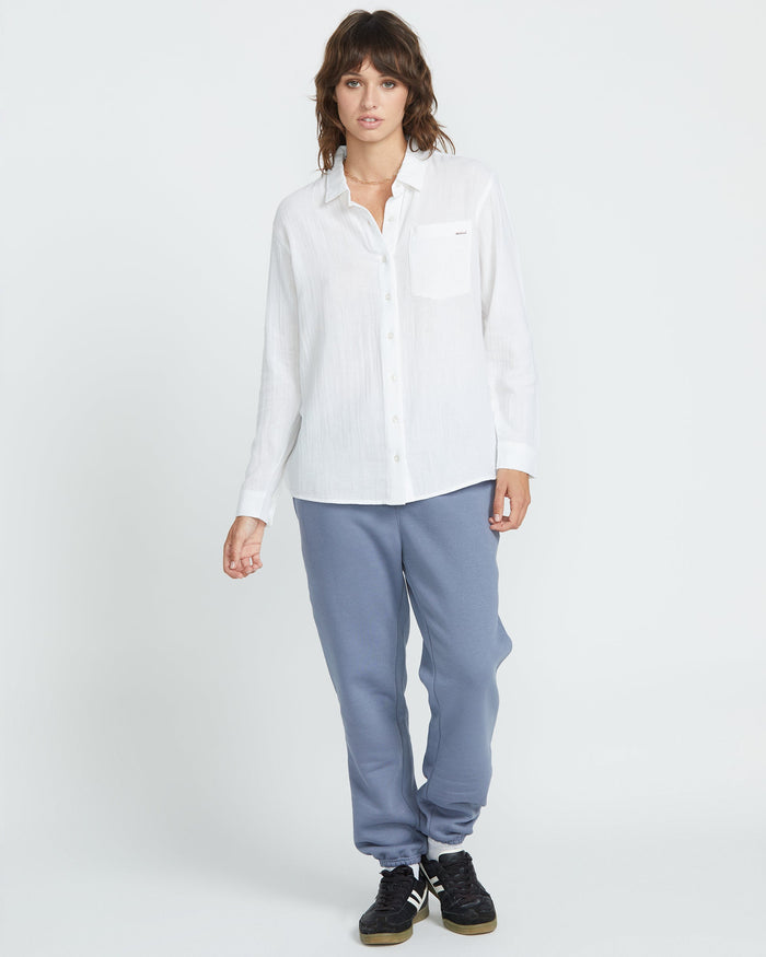 Women's Lil Button Up Long Sleeve Shirt-White-Volcom