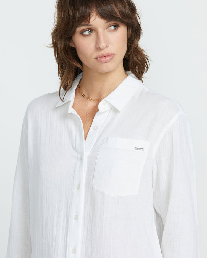 Women's Lil Button Up Long Sleeve Shirt-White-Volcom