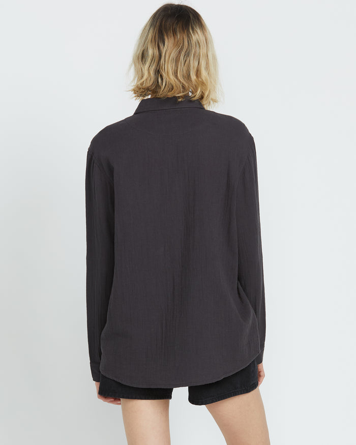 Women's Lil Button Up Long Sleeve-Vintage Black-Volcom