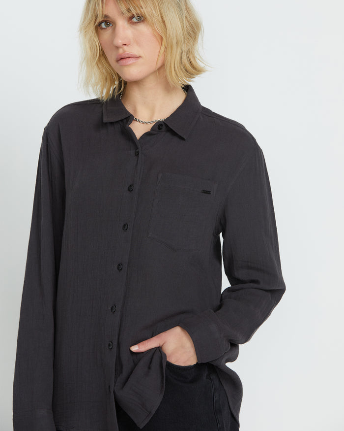 Women's Lil Button Up Long Sleeve-Vintage Black-Volcom