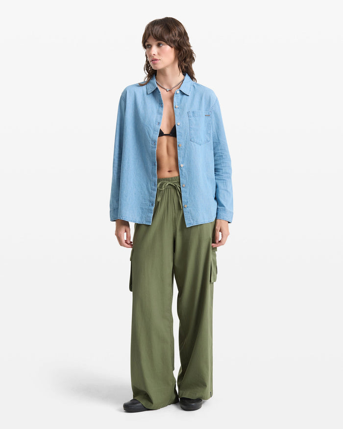 Women's Lived In Button Up-Chambray-Volcom