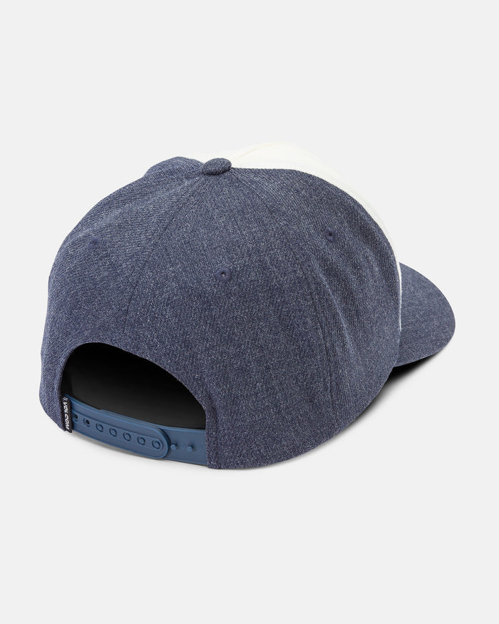 The Volcom Women's Mechanicali Hat is displayed from the back on a plain light background, showcasing its adjustable plastic strap and heathered blue cotton twill fabric.