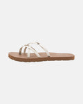The Volcom Women's New School II sandal features a minimalist brown design with three thin white synthetic leather straps, an open toe, and offers comfortable all-day wear.
