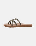 The Volcom Women's New School II sandal features a flat brown sole and three olive green synthetic leather straps across the top, shown from the side on a plain white background.