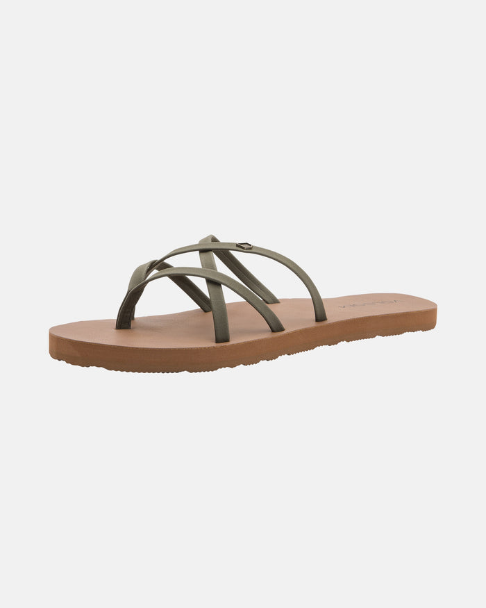 The Volcom Women's New School II sandal features thin olive green synthetic leather straps and a flat brown sole, creating a sleek look displayed on a plain white background.