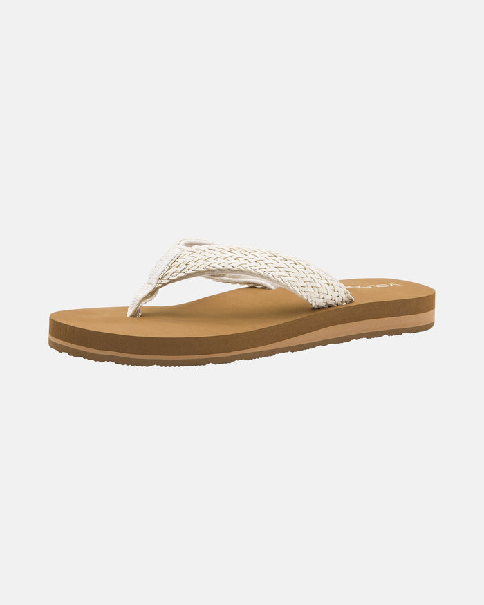 The Volcom Women's Oasis Sandal features a single brown flip-flop design with a woven white strap and a flat sole, shown on a white background.