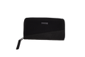 A black zippered Volcom Women's Palmcation wallet, checkbook-sized and adorned with a small rectangular metal logo plate on the front, is displayed against a plain white background—an ideal everyday companion for sleek organization.