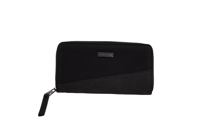 A black zippered Volcom Women's Palmcation wallet, checkbook-sized and adorned with a small rectangular metal logo plate on the front, is displayed against a plain white background—an ideal everyday companion for sleek organization.