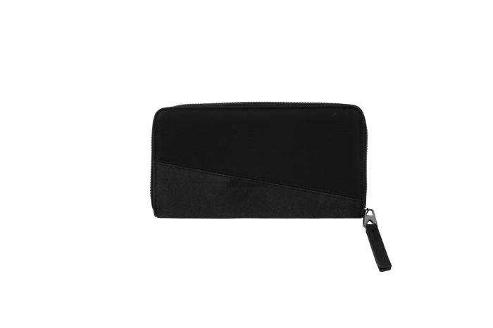 A black Women's Palmcation wallet by Volcom, checkbook-sized with a wrist strap, is displayed against a plain white background. The wallet features a distinctive diagonal seam detail on the front, making it an ideal everyday companion.