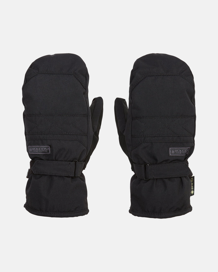 A pair of black Volcom Women’s Peep Gore-Tex Mitts with adjustable wrist straps is displayed on a white background. These mittens feature visible stitching, Thinsulate insulation for added warmth, and a small Volcom logo tag on each mitten.