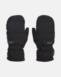 A pair of black Volcom Women’s Peep Gore-Tex Mitts with adjustable wrist straps is displayed on a white background. These mittens feature visible stitching, Thinsulate insulation for added warmth, and a small Volcom logo tag on each mitten.