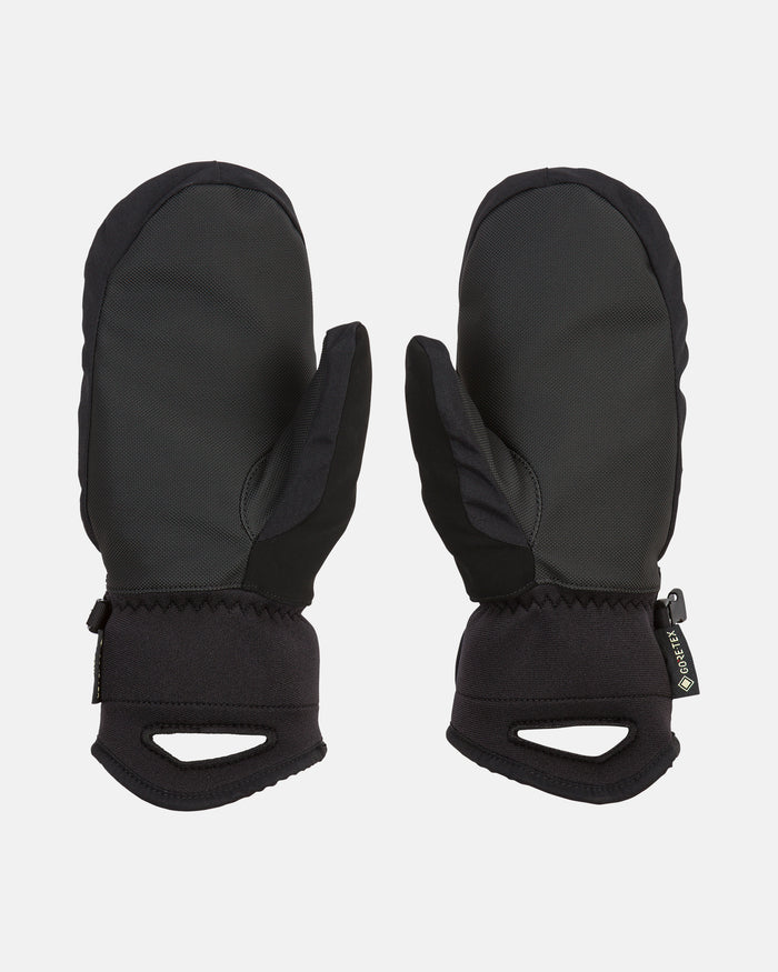 A pair of black Volcom Women’s Peep Gore-Tex Mitts featuring a thumb section and wrist straps, crafted with Thinsulate insulation for cozy comfort, displayed on a white background.
