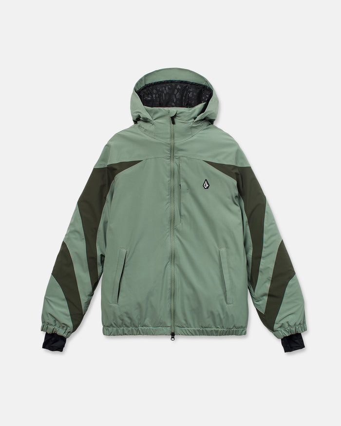 The Volcom Women’s Shelter 3D Stretch Jacket is shown in light green with dark green diagonal accents on the sleeves, black inner cuffs, a front zipper, two side pockets, and a small logo on the chest. This hooded jacket offers PFAS-free DWR for enhanced water resistance and is displayed against a plain white background.
