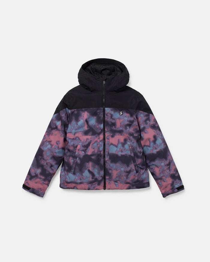 Introducing the Volcom Women’s Steele Insulated Jacket—a waterproof ski jacket designed for winter adventures. This stylish piece features a hooded design, a black upper section, and a bold purple, pink, and black tie-dye pattern throughout the lower section and sleeves. Finished with a front zipper and a subtle chest logo, this jacket perfectly blends function with eye-catching style.