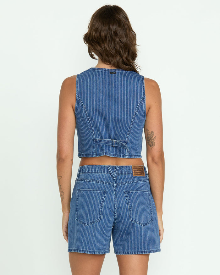 Women's Stoned Boyfriend Shorts-Blue Stripe-Volcom