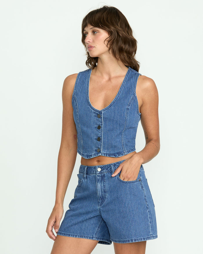 Women's Stoned Boyfriend Shorts-Blue Stripe-Volcom