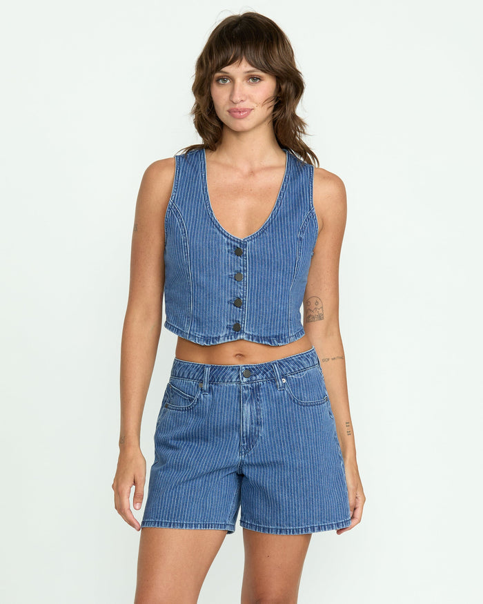 Women's Stoned Boyfriend Shorts-Blue Stripe-Volcom